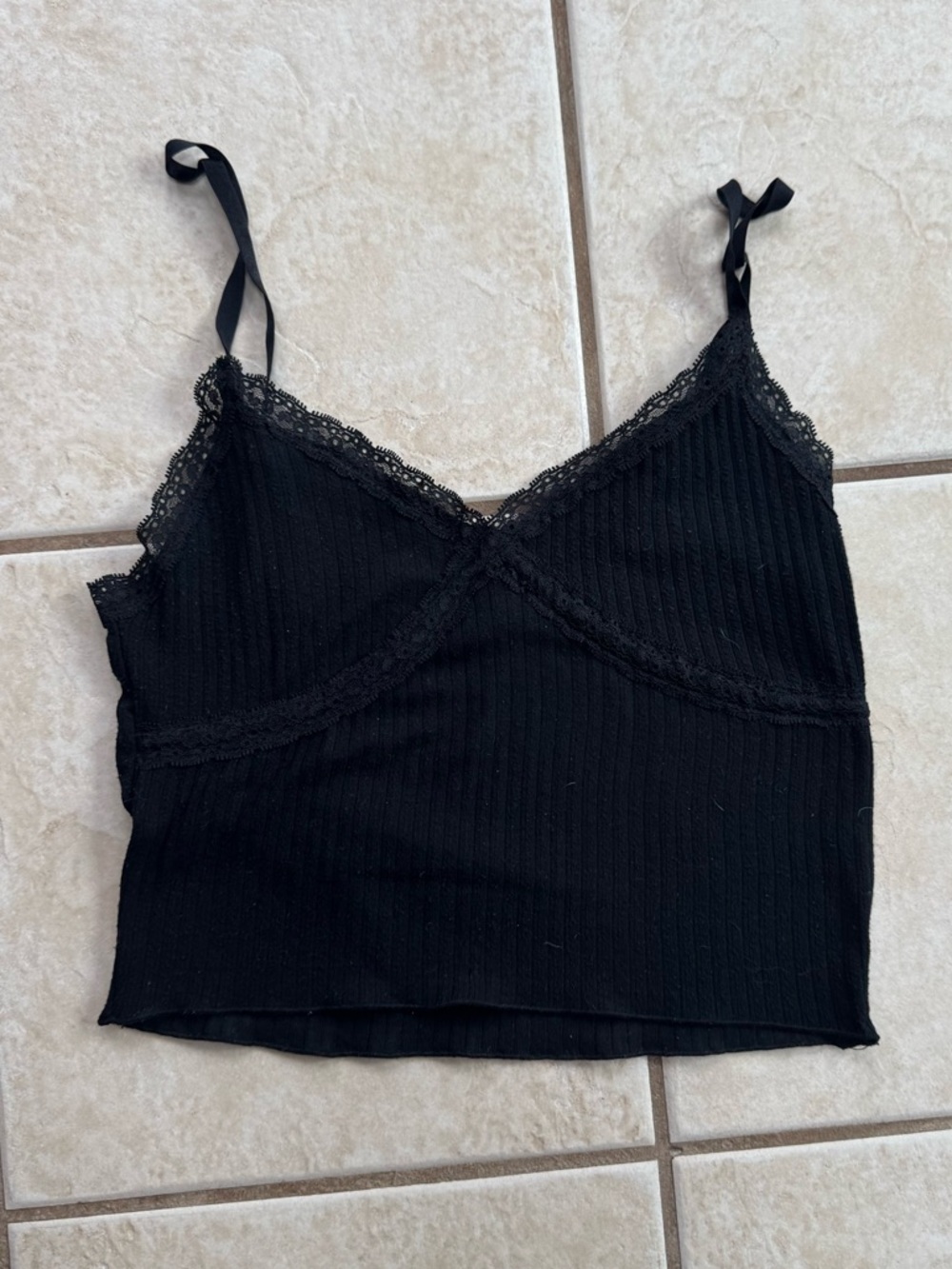 Black Ribbed Lace-Trim Cami